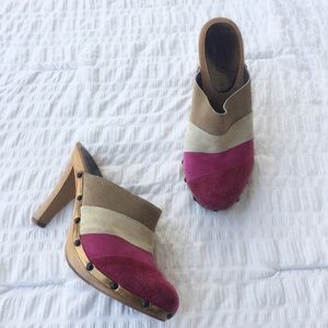 Coach Katy Patchwork Suede Wooden Mules 7.5